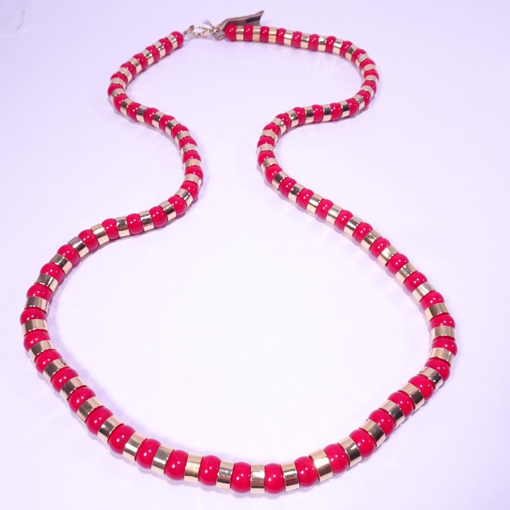 NWT Neiman Roxanne Assoulin RED Gold Glass Bead Spacer Long Necklace NWT 498